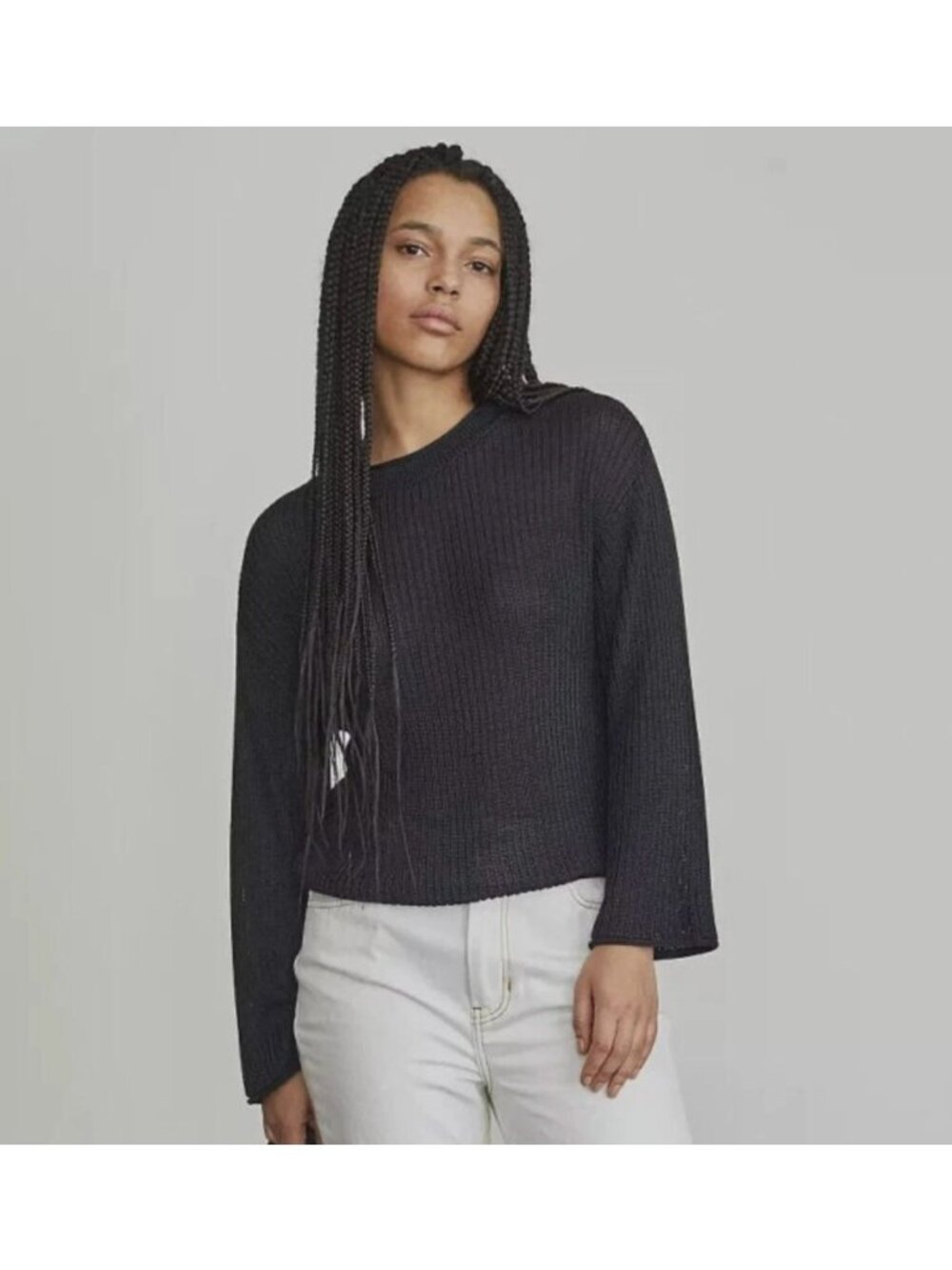 ELIZABETH AND JAMES Women's Black Crew Neck Slinky Knit Pullover Sweater Medium - Picture 6 of 6